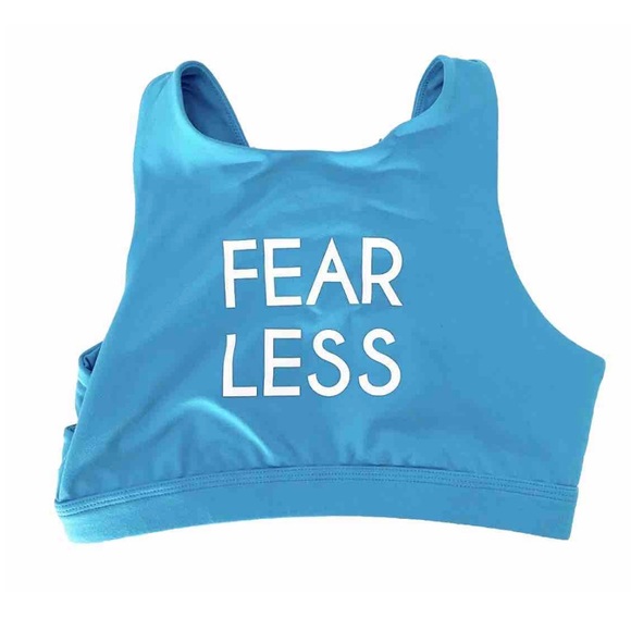 Aerie Sports Bra Small Blue “FEAR LESS” Strappy Back High Neck Activewear - Picture 4 of 6
